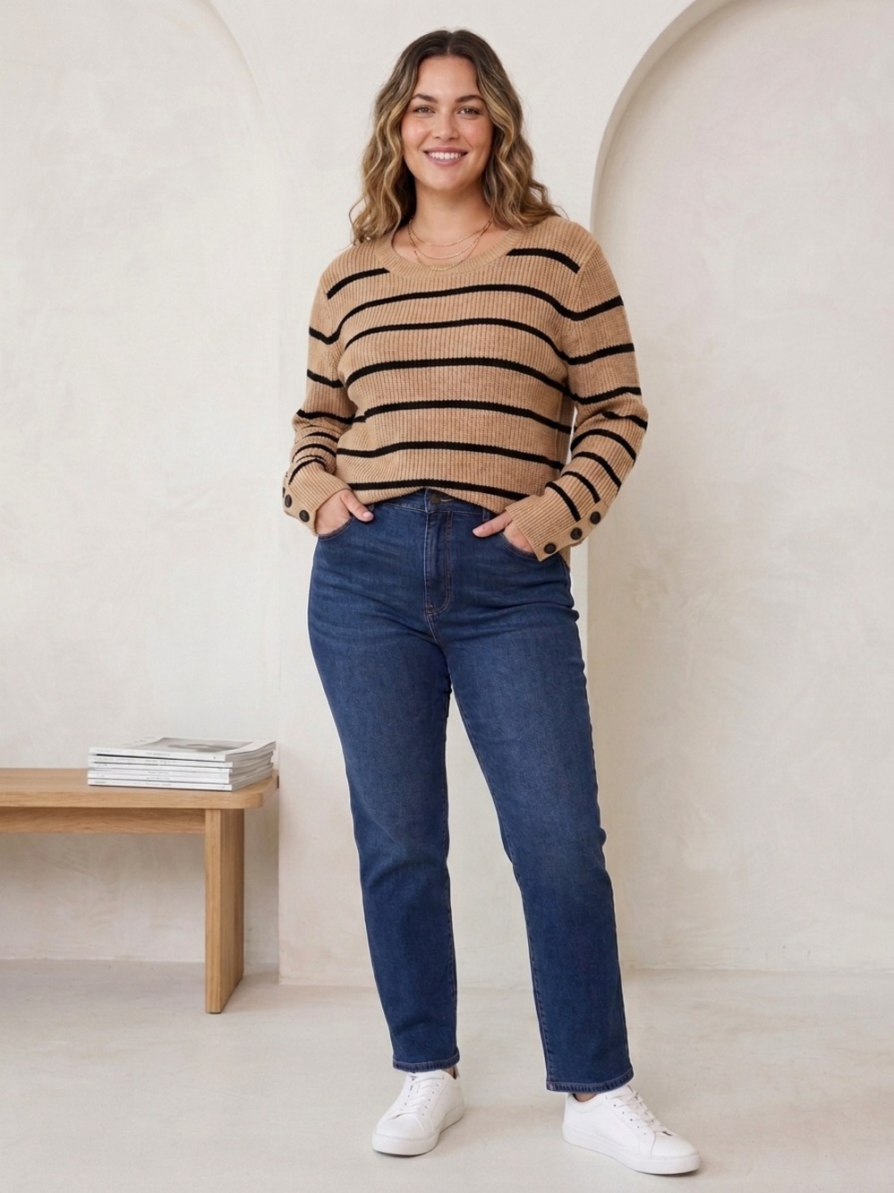 Reitmans Tan and Black Striped Crew Sweater with Cuff Buttons